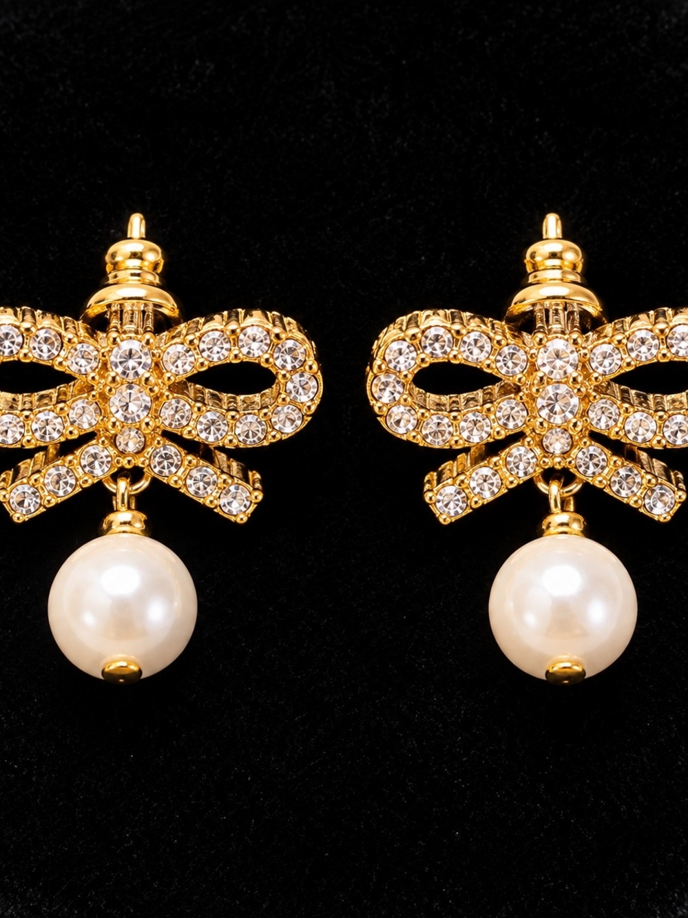 Dior Gold Crystal Bow Pearl Drop Earrings - Women's Jewelry